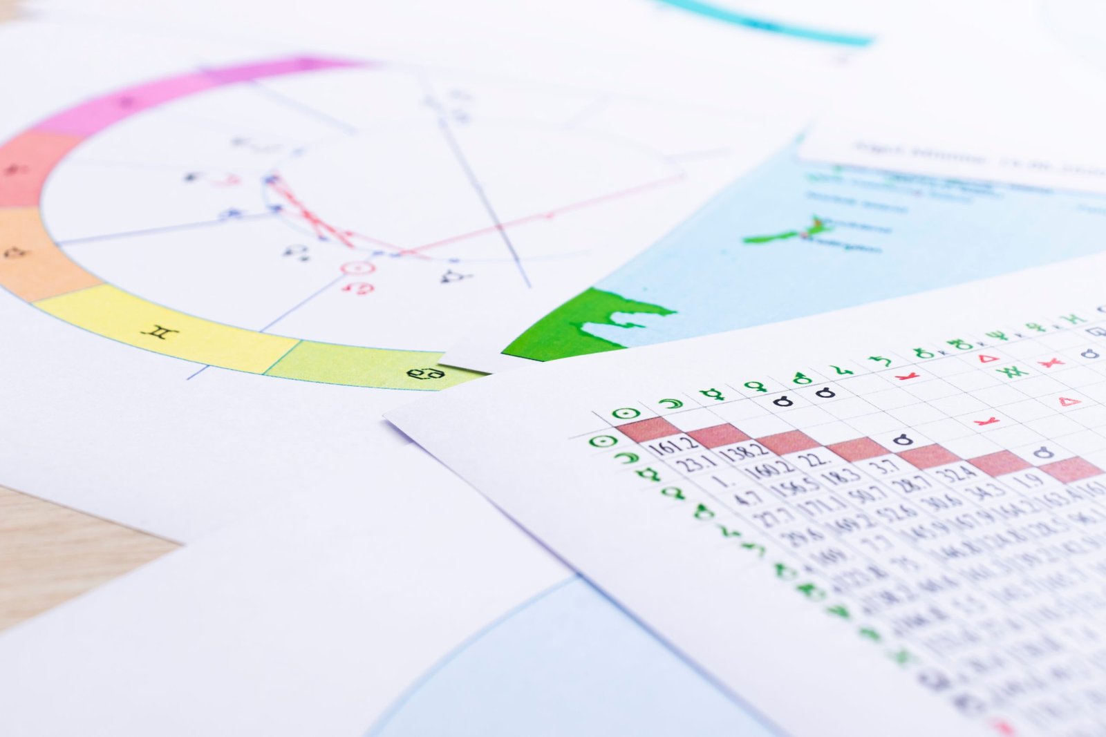 The desktop of an astrologer. The magical mysterious atmosphere of the working environment of the predictor of the future. Printouts of astrological charts and tables scattered across the table.